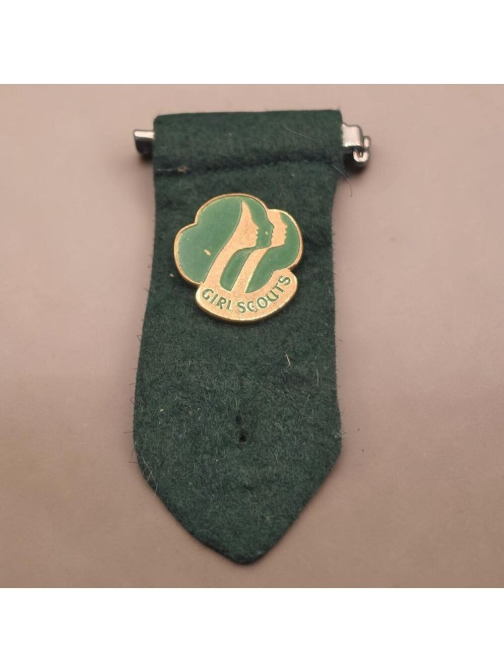 Vintage Girl Scouts Pin On Felt Ribbon 3"x1.25" Gold & Green Logo